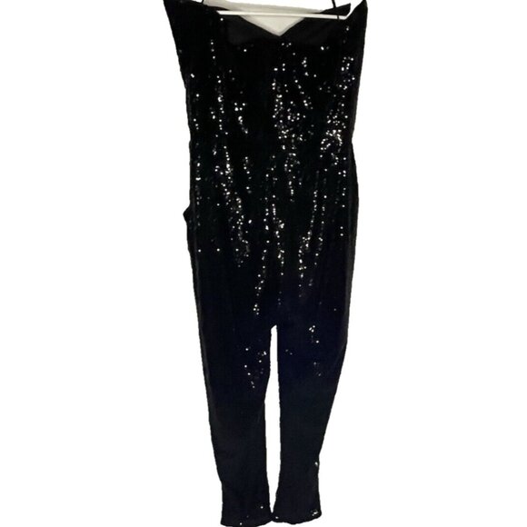 Black Sequin Strapless Jumpsuit 2X Long Pants Black Stretch Curvy Sense Pull On - Picture 3 of 16